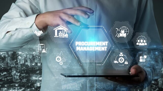 Professional in Business Attire Engaging with Digital Procurement Management Interface Over Cityscape at Night Sigmoid