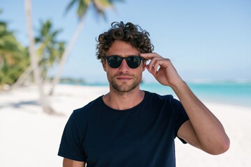 Obraz premium Casual young man wearing sunglasses on a sunny tropical beach background for summer banner or vacation wallpaper