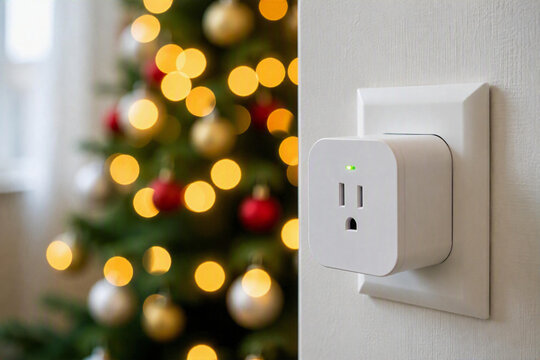 White smart plug adapter in wall outlet with blurred Christmas tree background