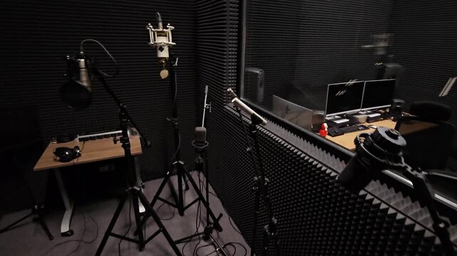 Professional recording studio with multiple microphones. Dark room features acoustic panels and wooden desks. Equipment setup ready for voice or music production