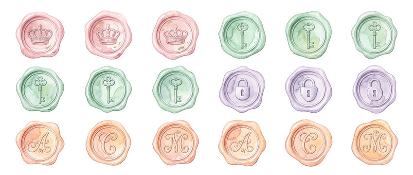 Wax seal stamp watercolor set pastel vintage envelopes invitation decorative elements featuring crown key lock monograms royal elegant design template collection isolated black background graphics art