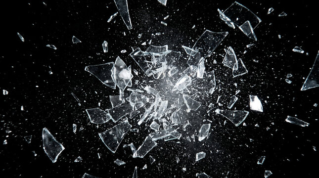 Exploding glass shards flying on black background, dynamic motion of shattered transparent glass