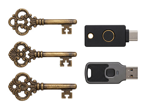 Vintage brass keys and USB security dongles comparing traditional physical locks with modern digital authentication technology for cyber protection, safety evolution, isolated on black background.