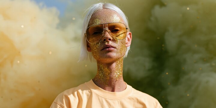 Portrait of a blonde model with gold glitter and amber sunglasses in billowing yellow smoke for fashion poster and editorial banner design