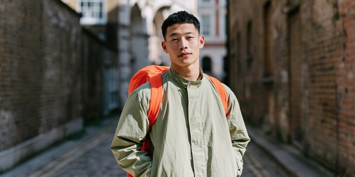 Young man with orange backpack standing in a narrow urban alley street portrait for fashion background and travel editorial use