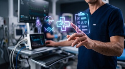Fototapeta premium Medical professional interacting with futuristic digital healthcare UI and health monitoring holograms