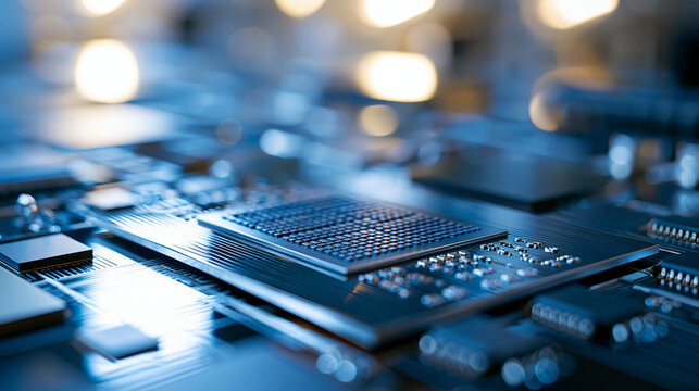 Close up of silicon dies attached to substrate during microchip production process at a bright semiconductor factory computer chip manufacturing at a fab macro photography natural