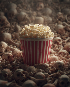 A striped glass of popcorn among the skulls. Red and white packaging, popcorn on top, surrounded by skulls, soft light, Halloween theme.