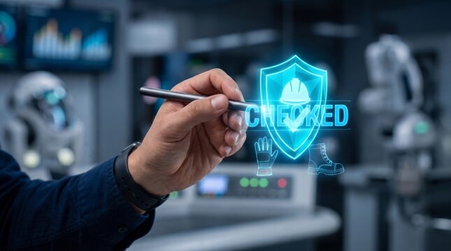 Industrial safety compliance and checked PPE protocol concept with worker interacting with a digital display
