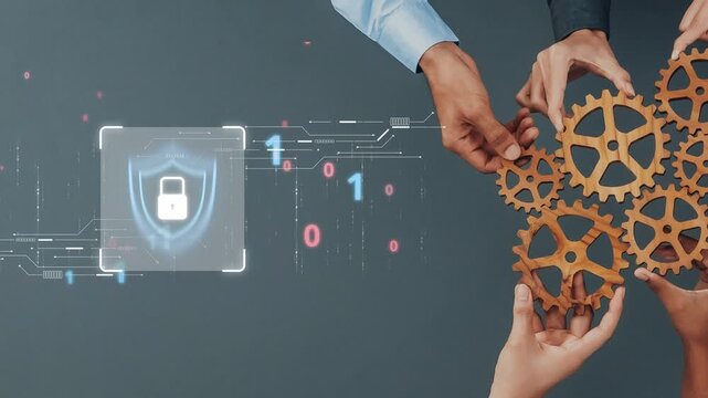 The image depicts two business professionals exchanging gears in front of a digital shield icon, symbolizing secure data exchange in modern cybersecurity. Raster