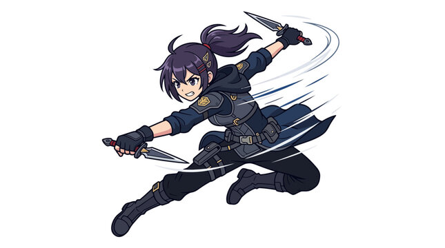 Anime female ninja character wielding dual daggers in action.