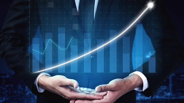 A businessman in a suit holds a digital graph depicting a rising trend. This image represents success, growth, and investment potential in the financial market. Copula