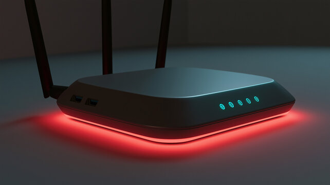 A high tech wireless router is shown in a close up perspective, positioned on a smooth, grey surface. Ai generat