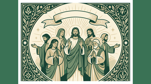 Jesus Christ surrounded by his disciples in a sacred, ornate religious illustration
