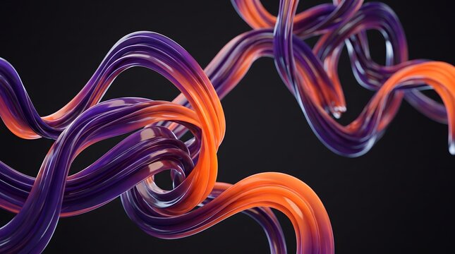 Abstract 3D fluid purple and orange curving ribbons on black background