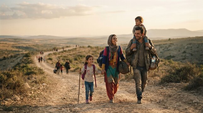 Sunset bathes arid trail in warm, golden glow. Family walks together, laden with belongings and hope. Mother carries child on shoulders, father walks beside her. Young girl follows with cane