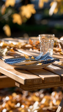 Outdoor picnic table setup surrounded by colorful autumn leaves bright natural daylight clean composition bright picnic table autumn leaves outdoor setup fall season still life