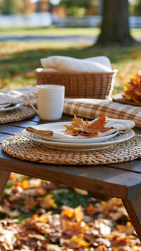 Outdoor picnic table setup surrounded by colorful autumn leaves bright natural daylight clean composition bright picnic table autumn leaves outdoor setup fall season still life