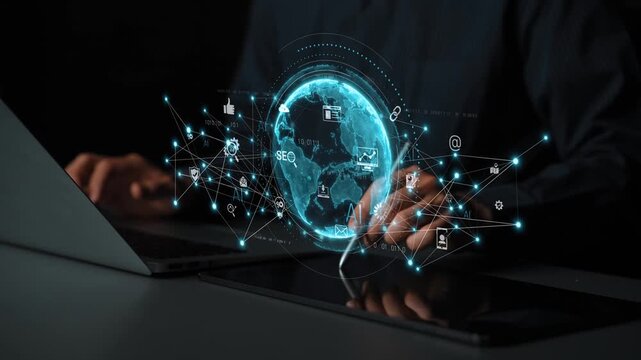Global AI-powered digital network ecosystem connecting data, finance, analytics, ecommerce, communication, and automation across continents through technology and cloud Marrow