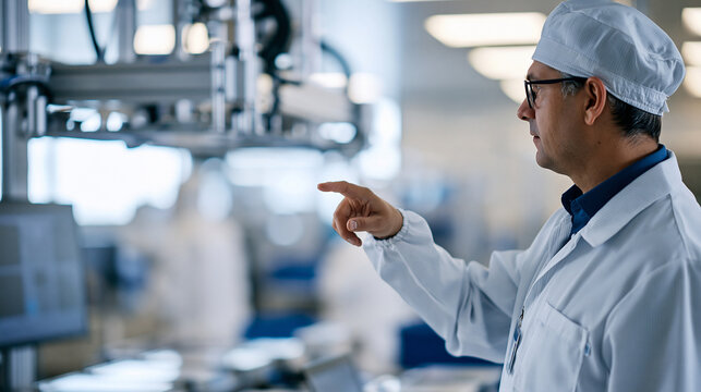 Interior of advanced semiconductor production fab cleanroom with working overhead wafer transfer system male worker having discussion in flexible electronics factory clean room cropped