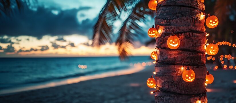 Halloween pumpkin garlands wrapped around a palm tree on the beach.Halloween pumpkin garlands wrapped around a palm tree on a tropical beach at sunset, with warm festive lighting and ocean background.