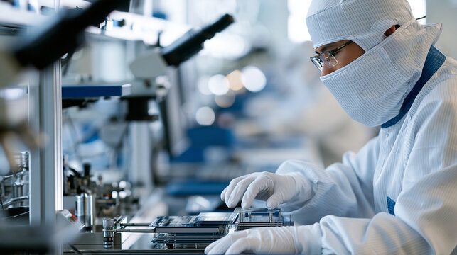 Sterile bright semiconductor manufacturing factory with workers in protective suits hoods obscuring faces cropped angles natural lighting bright sterile factory semiconductor