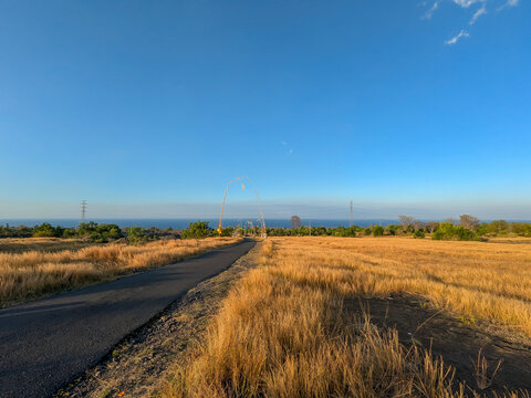 A country road with dry grass along the edges.