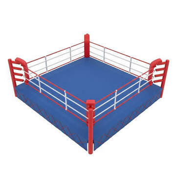 A blue professional boxing ring with red corners and white ropes for a match