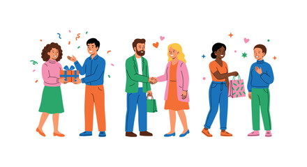 Fototapeta premium Diverse people exchanging gifts and shaking hands in celebration