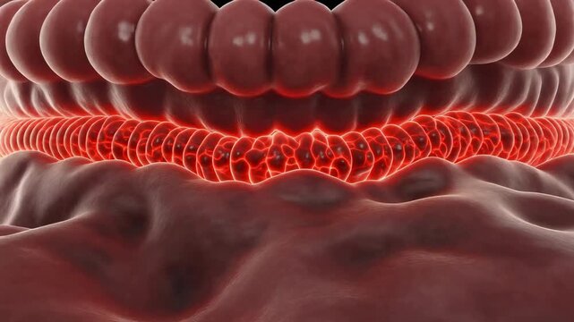 Ileal Brush Border with Glowing Microvilli in Small Bowel Microscopy for Medical Education