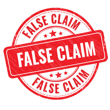 Red round rubber stamp with the text false claim written in white bold letters inside a rectangular box and circular border symbol for verifying information