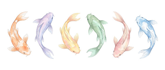 Obraz premium Watercolor Koi Fish Set Swimming in Row Isolated Black Background, Colorful Pastel Japanese Carp Art Illustration for Oriental Zen Decor, Traditional Feng Shui Animal Design Element Graphic Print