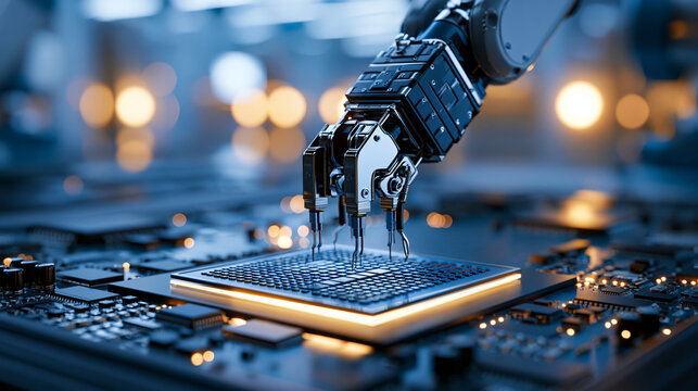 Semiconductor and computer chip manufacturing at a bright fab or foundry with robotic arms handling silicon wafers natural lighting bright semiconductor manufacturing computer chip