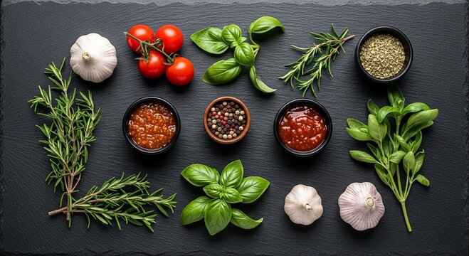 Fresh Italian Herbs, Tomatoes, Garlic, and Spices Overhead View
