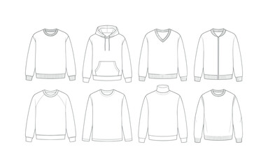 Fototapeta premium Collection of eight different styles of sweaters and sweatshirts outlined