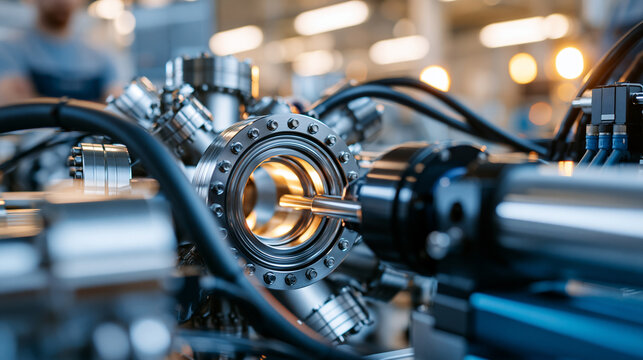 Side shot showing integration of vacuum chamber and laser system components during euv lithography rig assembly in a bright clean semiconductor fab natural lighting bright vacuum