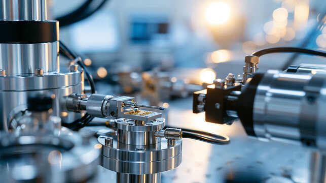 Side shot showing integration of vacuum chamber and laser system components during euv lithography rig assembly in a bright clean semiconductor fab natural lighting bright vacuum