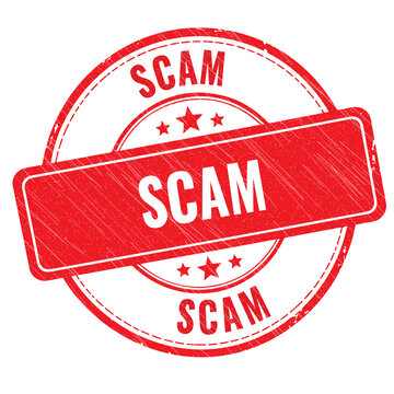 Red round stamp with the word scam written in bold white letters for business fraud detection and online security warning signage or official document notice