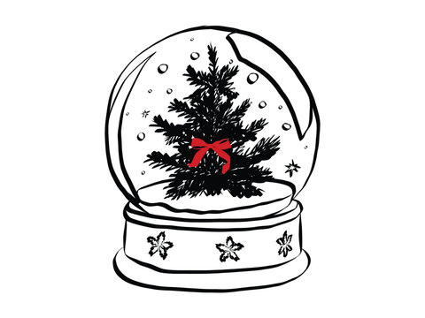 Whimsical doodle of Christmas snow globe with winter scene inside. Hand-drawn holiday illustration featuring festive snowball sphere in minimalist outline art style. Vector illustration
