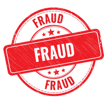 Red round rubber stamp icon with the word fraud written in bold white letters used for marking official documents and security warnings in business settings