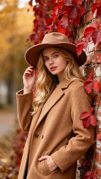 Young woman in camel coat and wide brim hat leaning on brick wall with red autumn leaves for seasonal portrait background and fashion layout