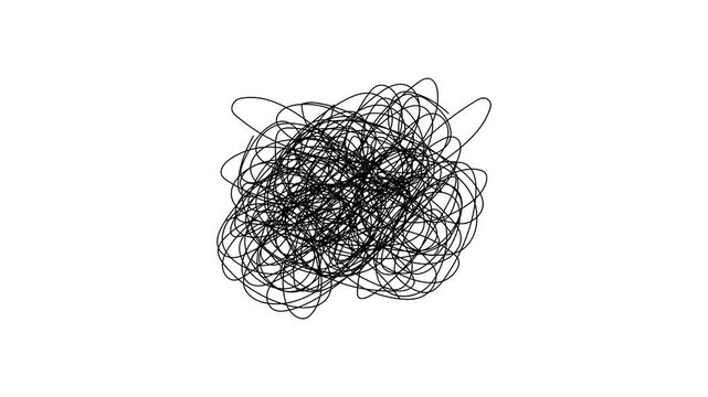 White hand drawn chaotic scribble line loop video on black screen. pencil lines or spherical shape. confused thoughts, stress. pencil doodle scribble lines on grunge textured photocopy paper.