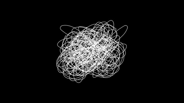 hand-drawn doodle of tangled scribble lines on transparent background, representing confusion, complexity, chaos. Chaotic tangle or white line sketch in the form of a spherical scribble. Nervous