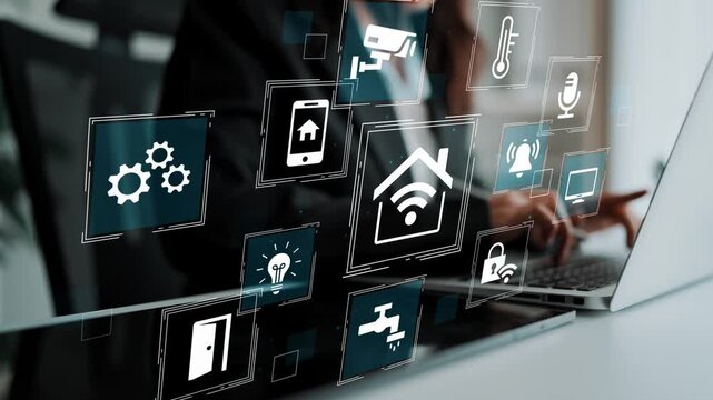 Various Smart Home Technology Icons and Symbols Displayed on a Modern Laptop to Represent Digital Connectivity and Home Automation Solutions. Entropy.