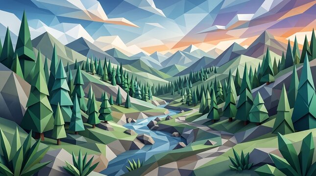Geometric Mountain Vista: A stylized landscape depicts rolling green mountains and a winding river, rendered in a low-poly geometric art style under a dramatic sky.