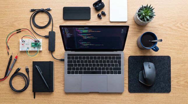 Coding Setup: A modern laptop displaying lines of code sits on a wooden desk, surrounded by essential tech gadgets and accessories for software development, including a notebook, pen, headphones.