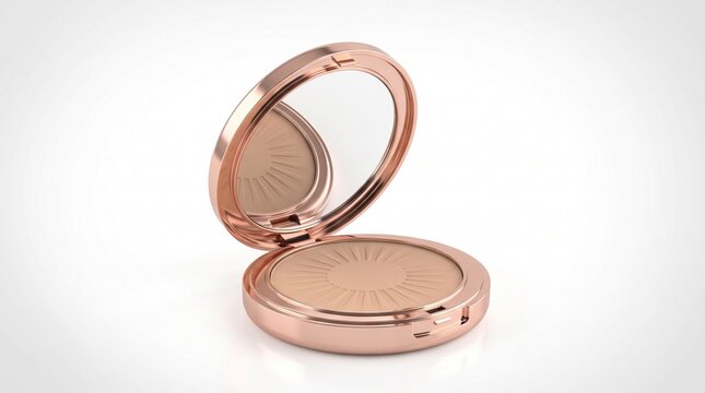 Rose gold cosmetic compact powder case with a circular mirror lid open reflecting sunburst pattern makeup for female beauty routine