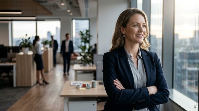 Confident businesswoman in office with city view, arms crossed
