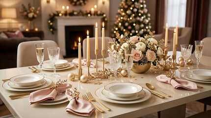 Fototapeta premium Elegant holiday dinner table setting with floral centerpiece and champagne for New Year celebration
