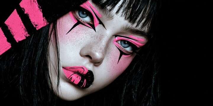 Close-up beauty portrait with graphic pink eye makeup black hair and bold pink lips against a dark background leaving negative space for typography Theme of avant-garde beauty